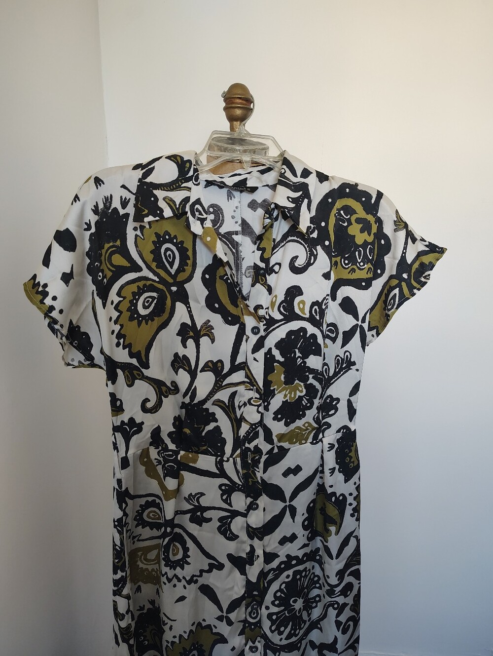 Women's Short-Sleeve Button-Up  dress - White with Black & Olive Floral Print